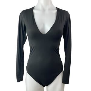 Victoria's Secret Black Deep V-Neck Long Sleeve Fitted One Piece Bodysuit Top S